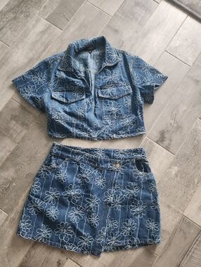 Lulu's Denim Floral Embroidered Crop Jacket & Skirt Set - Blue